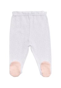 Pantalones de bebé blancos con lunares rosas y cubiertas de pie en rosa sólido, con una cintura elástica.