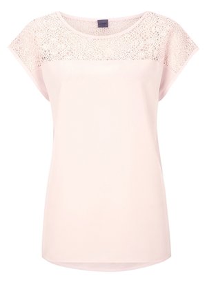 Hellrosa kurzärmlige Bluse mit Spitzenbesatz am Oberteil und rundem Halsausschnitt, weiter Schnitt und leicht geschwungenem Saum.