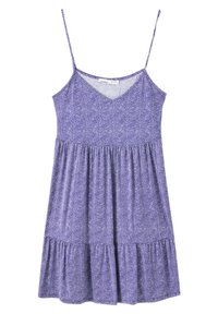 V-kaulaus, säädettävillä ohuilla olkaimilla varustettu violetti kukkakuosiset mekko, jossa on kerroksellinen hameosa. Pehmeä kangas, jossa on kevyt rakenne.