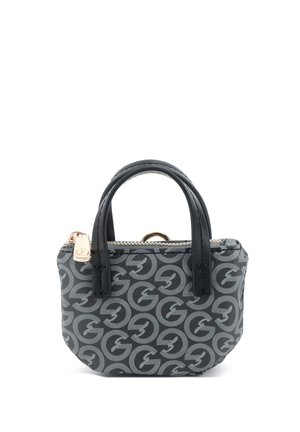 Piccola borsa a mano nera e grigia con motivo ripetuto del logo "G", doppio manico e cerniera dorata nella parte superiore.