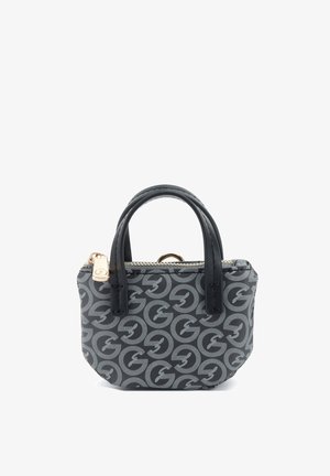 Piccola borsa a mano nera e grigia con motivo ripetuto del logo "G", doppio manico e cerniera dorata nella parte superiore.