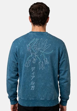 Persona que lleva una sudadera azul con un diseño estilizado de dragón y texto japonés en la espalda, de espaldas al espectador.