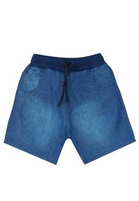 Shorts de mezclilla con cintura elástica en azul marino y cordón. Presenta dos bolsillos frontales y un corte relajado. Color azul claro a medio.