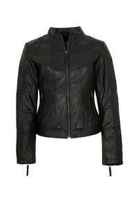 Schwarze Lederjacke mit Stehkragen, Reißverschluss und Panel-Design. Sie hat Reißverschlussmanschetten und eine taillierte Silhouette.