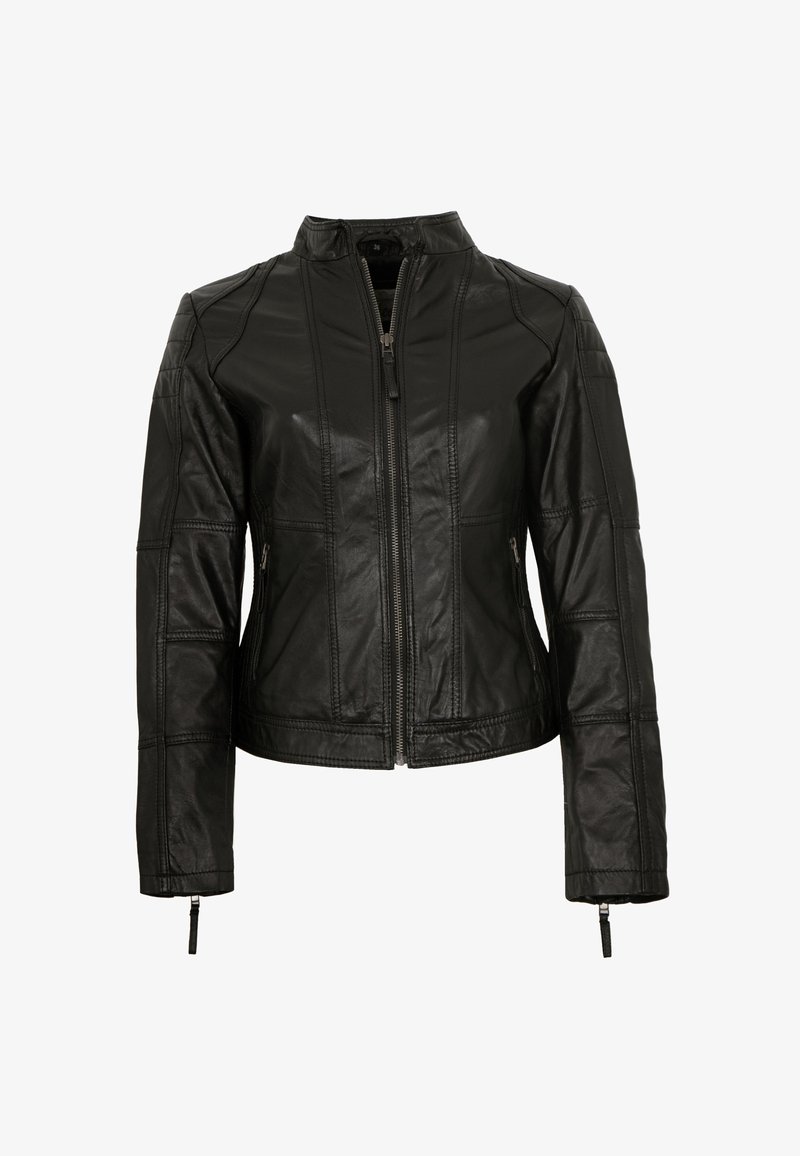 Schwarze Lederjacke mit Stehkragen, Reißverschluss und Panel-Design. Sie hat Reißverschlussmanschetten und eine taillierte Silhouette.