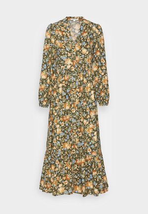 Kukkamekko syvän vihreällä pohjalla, jossa on oransseja ja sinisiä kukkia. Pitkät hihat, napitettu etuosa ja kerroksellinen helma.