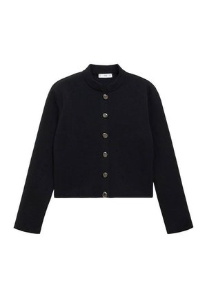 Veste courte noire à manches longues avec col rond et six boutons-pression argentés visibles sur le devant.