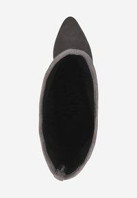Single dark gray suede pointed-toe ankle boot viewed from above on a white background with black interior lining.