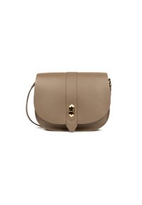 Beige Leder Umhängetasche mit Klappenverschluss, goldenen Beschlägen und strukturiertem Finish. Mit abnehmbarem Schulterriemen.