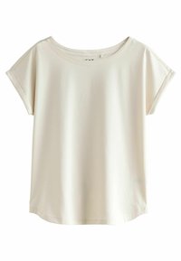 Ljusbeige t-shirt i mjukt tyg, har vid halsringning, korta ärmar, avslappnad passform och en slät yta.