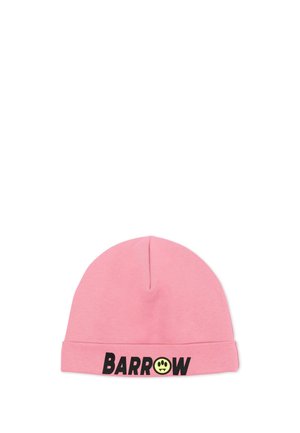 Gorro de punto rosa doblado con texto negro ""BARROW"" y un pequeño logo de cara triste amarilla en el pliegue delantero.