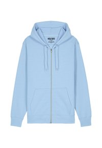 Felpa con zip di colore blu chiaro, realizzata in tessuto morbido, con tasca frontale, cappuccio con cordino e polsini e orlo a coste. Etichetta MIRA PARIS all'interno.