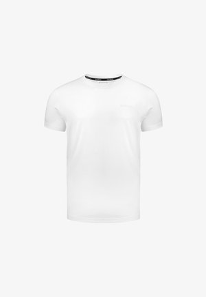 Biała bawełniana koszulka z krótkimi rękawami, okrągłym dekoltem i czarną metką z logo wewnątrz. Na przodzie subtelne wytłoczone logo.