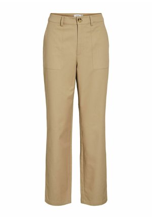 Pantalon beige droit avec taille haute, poches plaquées devant, passants pour ceinture et fermeture par bouton.