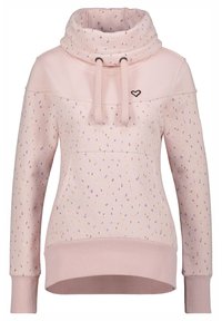 Světle růžová mikina s cowl krkem, s barevnými flíčky, šňůrkami a logem černého srdce. Žebrované manžety a spodní lem.