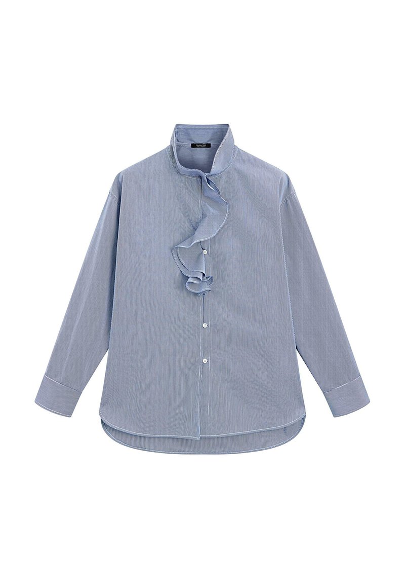 Lichtblauw shirt met lange mouwen en kleine witte strepen, hoge kraag, knoopsluiting aan de voorkant en ruches langs de knoopsluiting.