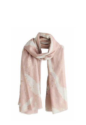 Light pink scarf with white and gold speckles, featuring a textured surface and fringed edges, softly draped in a loose knot.