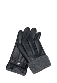 Černé kožené rukavice se šedými pletenými manžetami, vybavené zapínáním na patentku a prošívanými detaily na dlani a prstech. Celkově hladká textura.