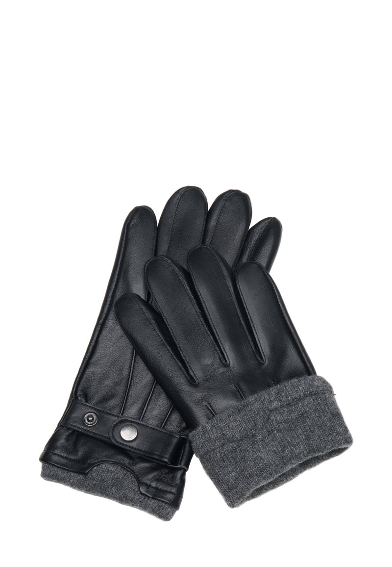 Černé kožené rukavice se šedými pletenými manžetami, vybavené zapínáním na patentku a prošívanými detaily na dlani a prstech. Celkově hladká textura.
