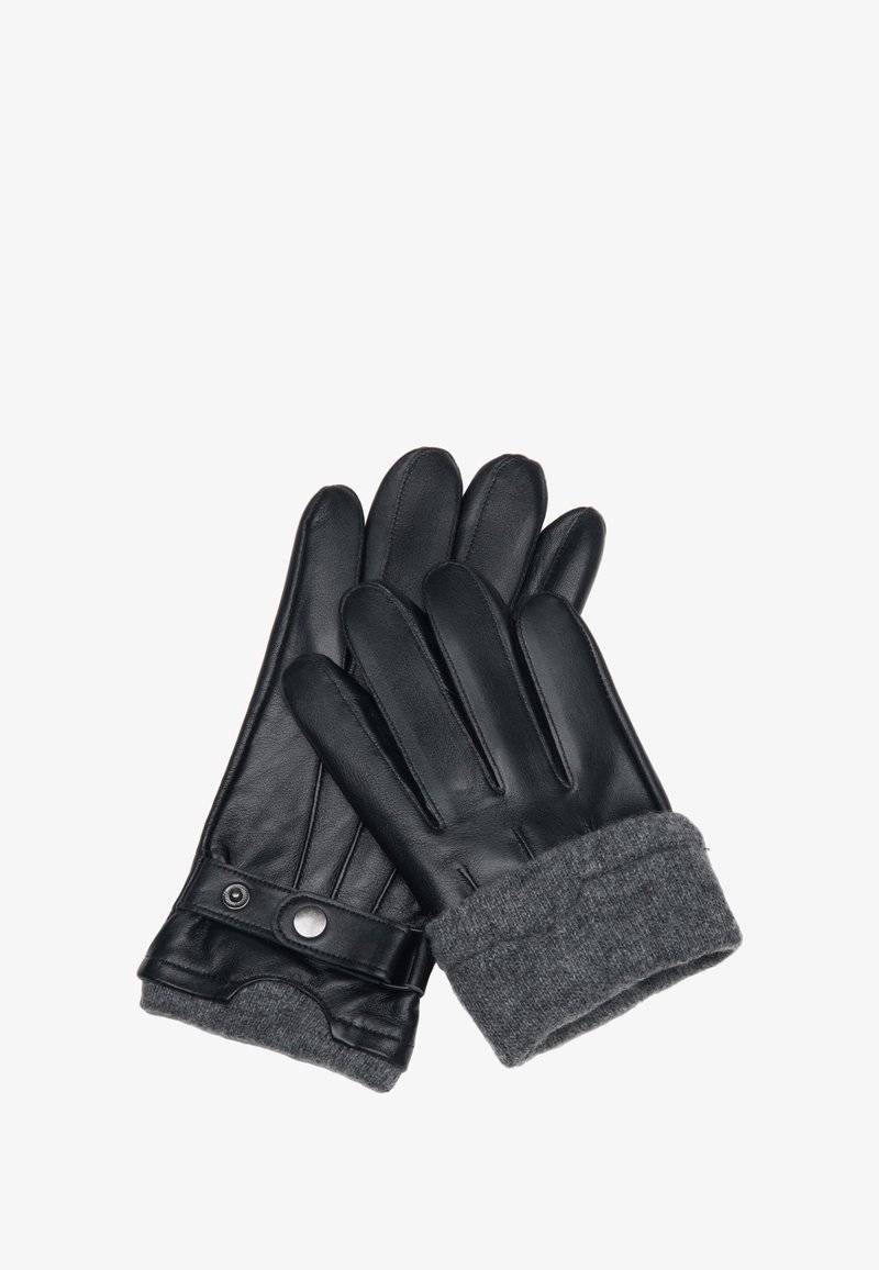 Černé kožené rukavice se šedými pletenými manžetami, vybavené zapínáním na patentku a prošívanými detaily na dlani a prstech. Celkově hladká textura.