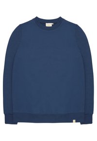 Marineblauwe sweatshirt gemaakt van zachte stof. Heeft een ronde hals, lange mouwen en ribgebreide manchetten en onderrand. Kleine merklabel aan de onderkant.