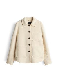 Giacca in lana color crema con colletto, chiusura con bottoni, due tasche applicate e bottoni color marrone scuro. Presenta un tessuto testurizzato.