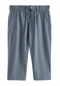 Pantalones cortos de color azul claro con cordón, cintura elástica, bolsillos laterales y un tejido suave y texturizado en un ajuste relajado.