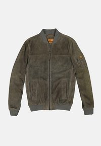 Olivengrüne Leder-Bomberjacke mit gerippten Bündchen und Saum, Frontreißverschluss, zwei seitlichen Taschen und einer mit Reißverschluss versehenen Armtasche. Strukturierte Oberfläche.