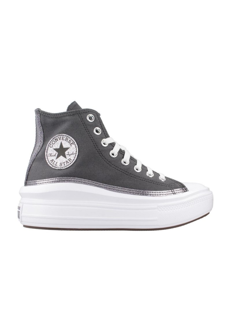 Zapatillas de lona grises altas con suelas blancas, que presentan un parche de logo redondo, cordones blancos y acentos metálicos a lo largo de la suela.