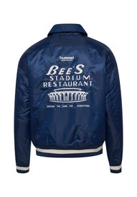 Navy satin bomber jacket featuring white embroidered text. Ribbed cuffs and hem. "Hummel Sportswear" logo on the back.