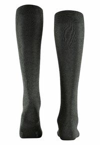 Calze al ginocchio grigie scure con una fascia superiore a costine, realizzate in un materiale morbido e strutturato. Presentano un design senza cuciture nella punta.