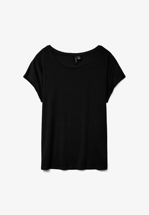 Schwarzes T-Shirt mit kurzen Ärmeln und rundem Ausschnitt, aus weichem Stoff gefertigt, mit lockerer Passform und glatter Textur.