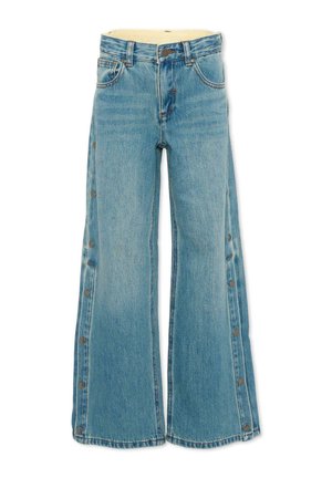 Niebieskie dżinsy o szerokich nogawkach z zatrzaskami na guziki wzdłuż zewnętrznych szwów oraz klasycznym designem z pięcioma kieszeniami.