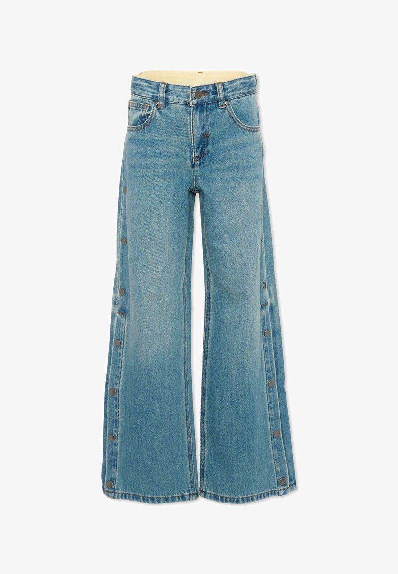 Blauwe wijde spijkerbroeken met knoopsluitingen langs de buitenste zijnaden en een klassiek ontwerp met vijf zakken.