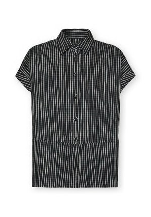 Sort kortærmet skjorte med hvidt lodret og vandret ternet mønster, knappet foran og spids krave.