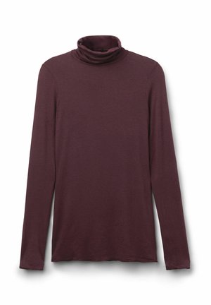 Chandail bordeaux à manches longues en col roulé, fabriqué à partir d'un tissu doux et lisse, présentant une coupe décontractée et un design du cou drapé.
