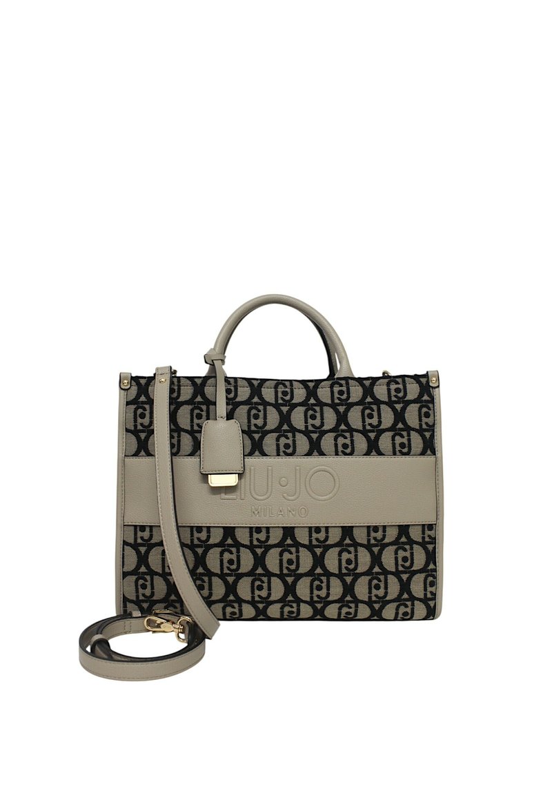 Borsetta a motivo nero e grigio realizzata in tessuto con dettagli in pelle, dotata di doppi manici, una tracolla rimovibile e un logo del marchio.