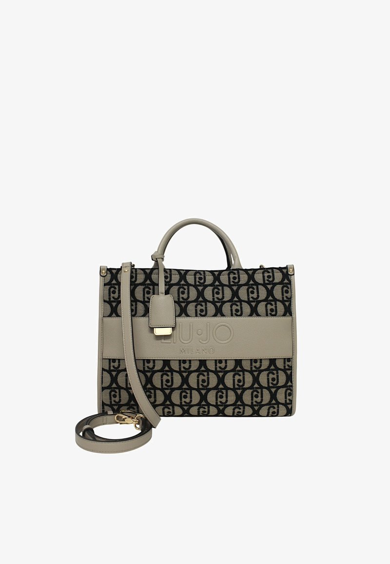 Borsetta a motivo nero e grigio realizzata in tessuto con dettagli in pelle, dotata di doppi manici, una tracolla rimovibile e un logo del marchio.