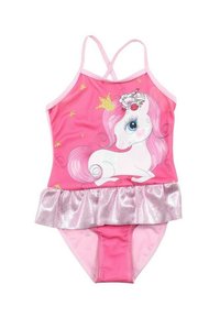 Maillot de bain à thème de licorne rose avec un accent argenté froncé. Il présente des bretelles croisées et une licorne en cartoon avec une couronne et des détails floraux.