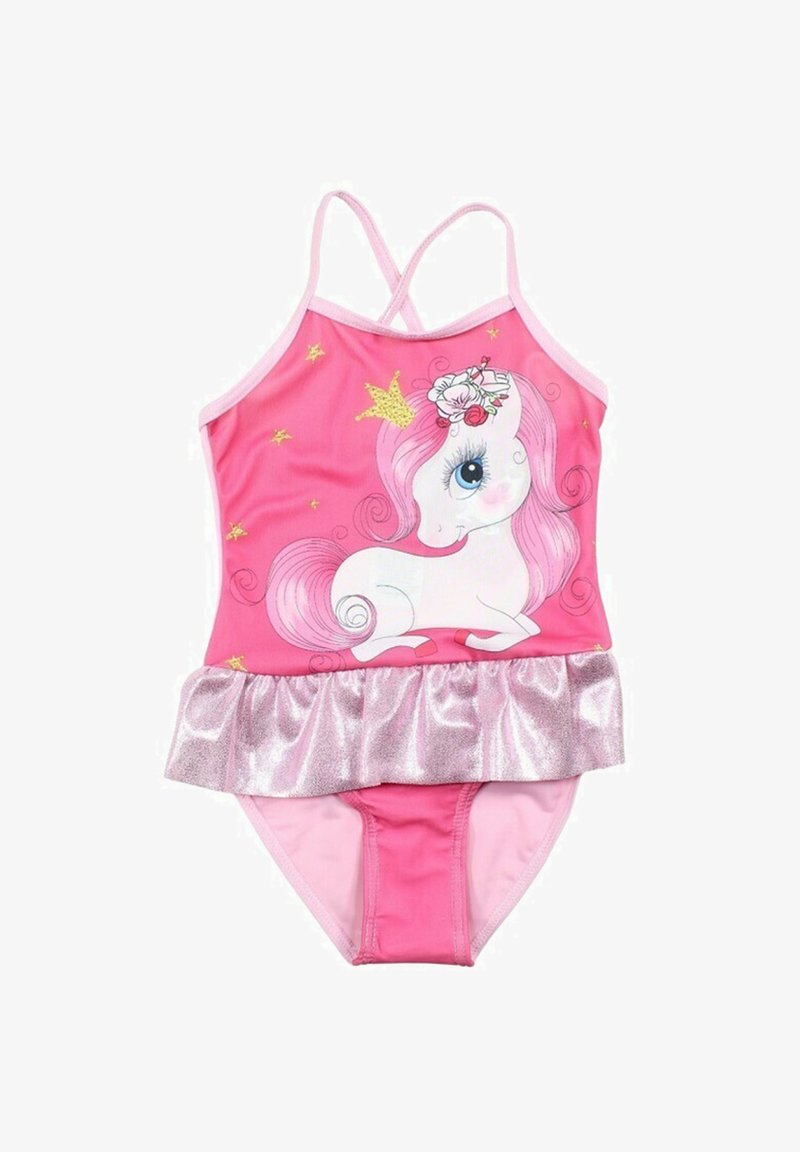 Maillot de bain à thème de licorne rose avec un accent argenté froncé. Il présente des bretelles croisées et une licorne en cartoon avec une couronne et des détails floraux.
