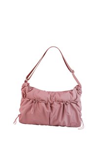 Rosa Nylon-Tasche mit einem l ässigen Design, das versammelnde Details, zwei Vorderfächer, einen verstellbaren Trageriemen und Kordelzug-Akzente aufweist.