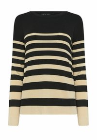 Schwarz-beige gestreifter Pullover mit rundem Halsausschnitt und langen Ärmeln. Das Design zeichnet sich durch abwechselnd breite Streifen mit einer weichen Textur aus.