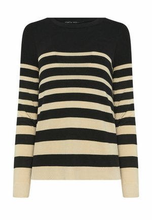 Sort og beige stribet sweater med rund hals og lange ærmer. Designet har skiftende brede striber med en blød tekstur.