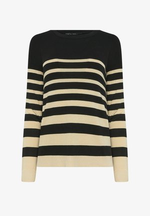 Sort og beige stribet sweater med rund hals og lange ærmer. Designet har skiftende brede striber med en blød tekstur.