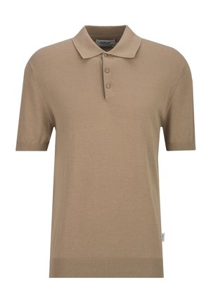 Beige polo met korte mouwen, drie knopen, geribbelde manchetten en zoom en een omgeslagen kraag.