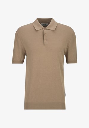 Beige polo met korte mouwen, drie knopen, geribbelde manchetten en zoom en een omgeslagen kraag.