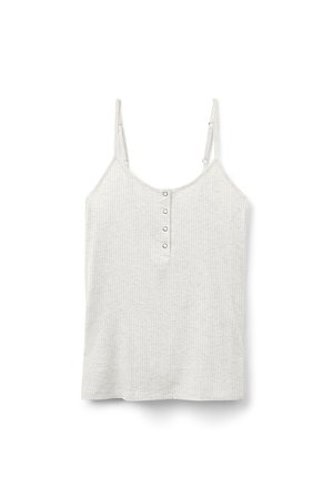 Lichtgrijs geribbeld tanktop met dunne banden en een ronde halslijn. Voorzien van een knopenlijst met vijf metalen knopen aan de voorkant.