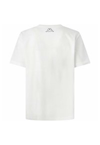 T-shirt bianca in cotone con maniche corte, collo rotondo e un piccolo dettaglio del logo nero sulla parte superiore della schiena. Tessuto morbido, vestibilità casual.