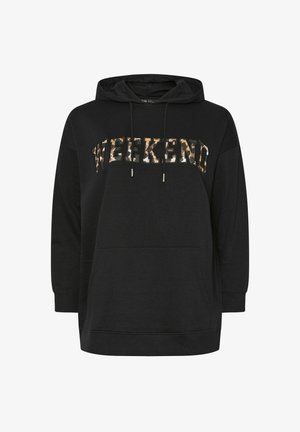 Sort hættetrøje med kengurulomme, med "WEEKEND" i mønstrede bogstaver. Inkluderer en hætte med snoretræk og ribbede mansjetter. Blødt stof.