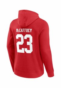Roter Kapuzenpullover mit einer großen Fronttasche, Kapuze mit Kordelzug und weißem Text auf dem Rücken: "McCAFFREY" und die Nummer "23." Material aus Baumwollmischung.